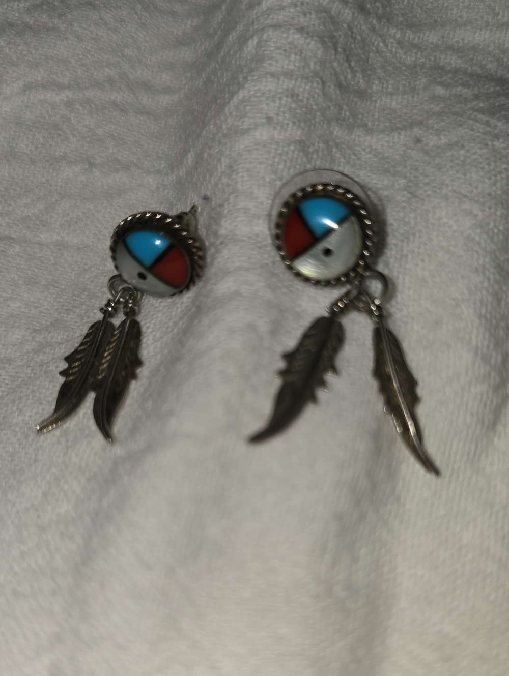 Zuni Sterling Sun Face Feather Earrings Turquoise